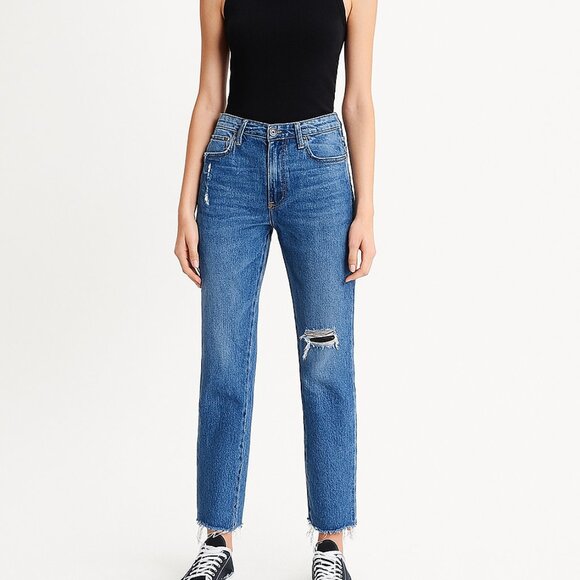KUT Cropped Straight Distressed Raw Hem Jeans Sz 12 Mid Wash - Picture 1 of 9